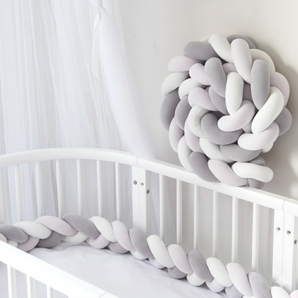 Zaštitni jastuk za dječji krevetić - Pletenica Siva-Bijela