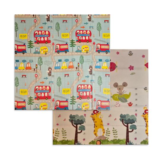 Sklopiva dvostrana podloga za igru i puzanje  - Plave Ceste i Leteći Miš 180x150 cm