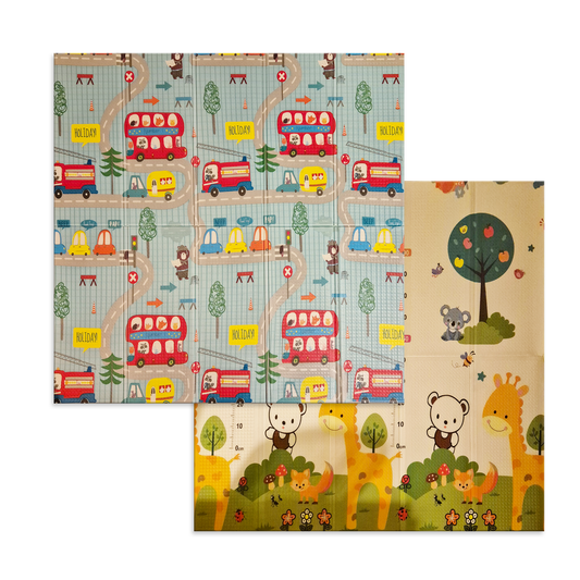 Sklopiva dvostrana podloga za igru i puzanje  - Plave Ceste i Prijatelji Životinja 200x180 cm