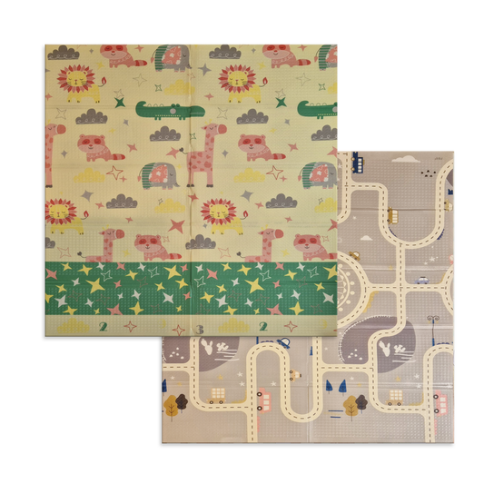 Sklopiva dvostrana podloga za igru i puzanje  -  Životinje Spavalice 180x120 cm